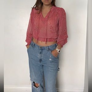 Joie Sheer Floral Smocked Balloon Sleeve Top